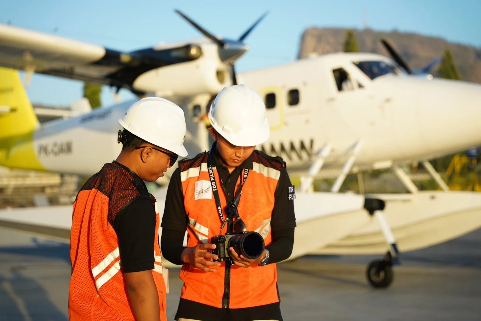 TDR FILMS crew documenting SGi Aero seaplane operations for an ESG video production in Indonesia