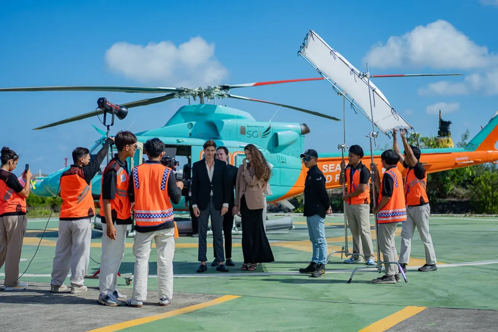 TVC production Jakarta crew preparing aerial shoot logistics on location, TDR FILMS